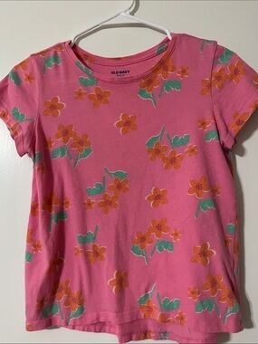 Old Navy Pink Floral Short Sleeve Tee with Orange Flowers